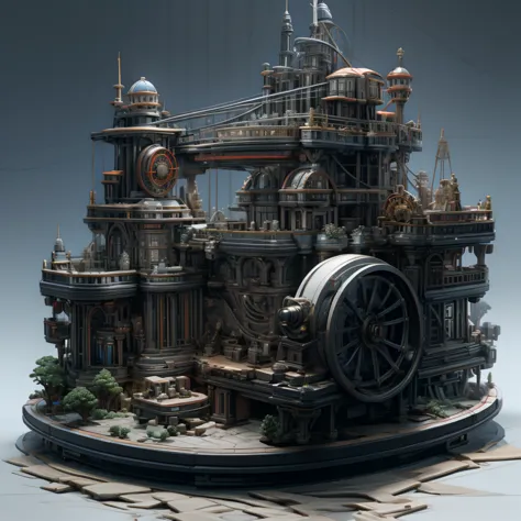 military fortress，the locomotive is the core engine，there is an outer wall around it.，mechanical inlay，big wheel，gear，component，...