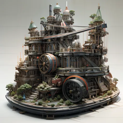 military fortress，the locomotive is the core engine，there is an outer wall around it.，mechanical inlay，big wheel，gear，component，...