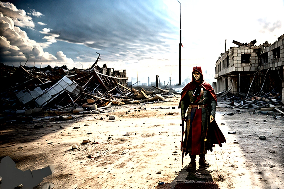 HDR, BEST IMAGE, A SOLDIER OF GOD WITH SWORD, WITH RED CAPE, FROM THE HEAVENS, IN FRONT OF A DESTROYED CITY, COLOR IMAGE, RUINS ON THE GROUND,