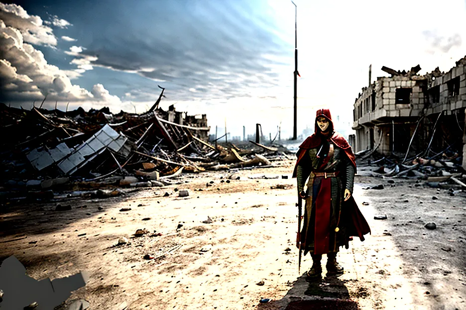HDR, BEST IMAGE, A SOLDIER OF GOD WITH SWORD, WITH RED CAPE, FROM THE HEAVENS, IN FRONT OF A DESTROYED CITY, COLOR IMAGE, RUINS ...