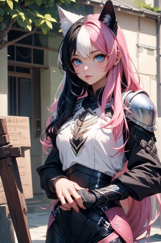  two toned hair, pink hair, black hair, cat girls, blue eyes, long wavy hair,, cat girl, blue eyes, armor