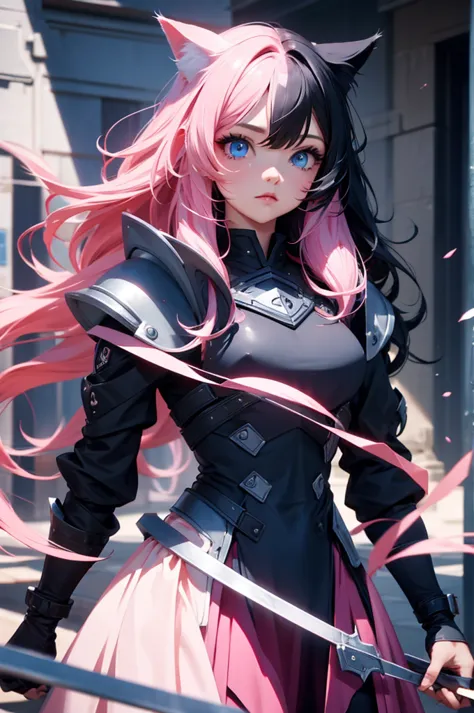 two toned hair, pink hair, black hair, cat girls, blue eyes, long wavy hair,, cat girl, blue eyes, armor