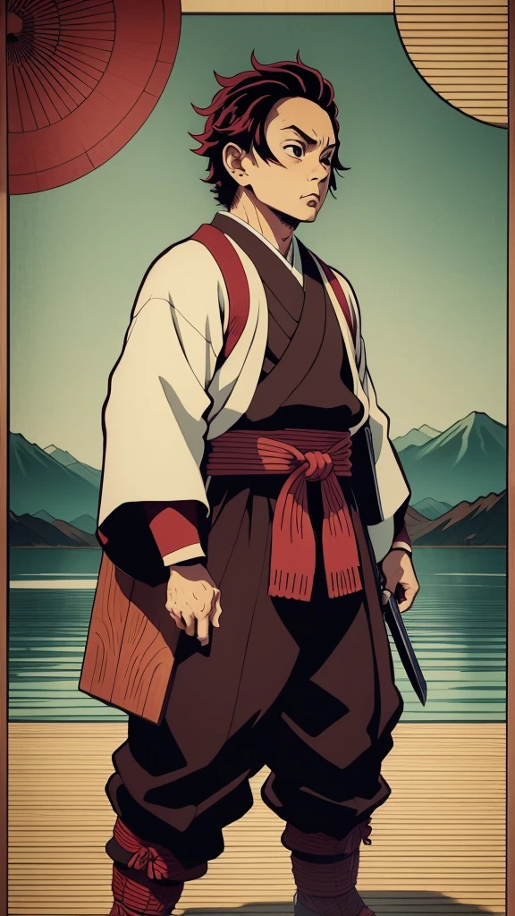 "An Ukiyo-e style image of Tanjiro Kamado from Demon Slayer, depicted in the traditional Japanese woodblock print style. He is standing in a powerful pose with his Nichirin Blade, ready to strike. The background features a classic Japanese landscape with elements like cherry blossoms, mountains, and traditional architecture, enhancing the traditional and dynamic feel of the scene."