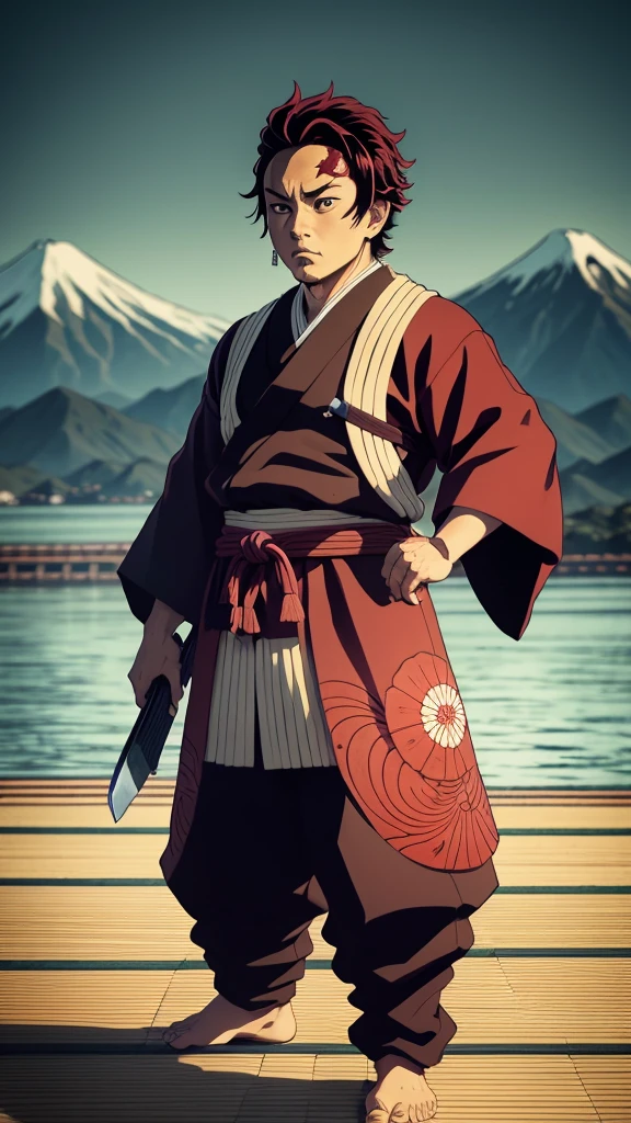 "An Ukiyo-e style image of Tanjiro Kamado from Demon Slayer, depicted in the traditional Japanese woodblock print style. He is standing in a powerful pose with his Nichirin Blade, ready to strike. The background features a classic Japanese landscape with elements like cherry blossoms, mountains, and traditional architecture, enhancing the traditional and dynamic feel of the scene."