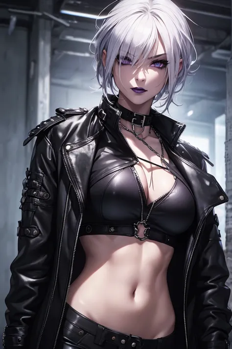 a punk girl, student, hooligan, short messy white hair, purple eyes, black punk clothes, punk, chains, black sleeveless top, bag...