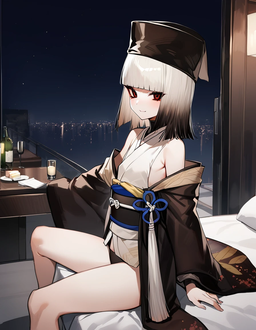 One girl,sen no rikyu \(destiny\), destiny/Grand Order,Iris,Multicolored Hair,Medium Hair ,kimono,kimono,,Have,Black Hat,sash,Tassel,(Flat Chest:1.2),Cowboy Shot,Sitting on the bed,A light smile,‎VIP lounge,at night,masterpiece,Highest quality, ,Young Girl,From the back,Intense penetration sex,Creampie Sex,Rape makes me feel good,At the peak,Heart Pupil,♡ranbu,Covered in semen,Massive ,Black panties