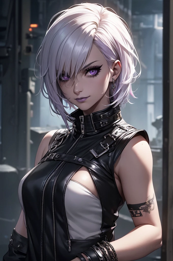 a punk girl, student, hooligan, short messy white hair, purple eyes, black punk clothes, punk, chains, black sleeveless top, baggy black pants, sadistic smile, aggressive, dark purple lipstick, thug, (best quality,4k,8k,highres,masterpiece:1.2),ultra-detailed,(realistic,photorealistic,photo-realistic:1.37),cinematic lighting,dramatic shadows,gothic,dark fantasy,moody,dramatic, leather jacket hanging from the shoulders pumped up muscles