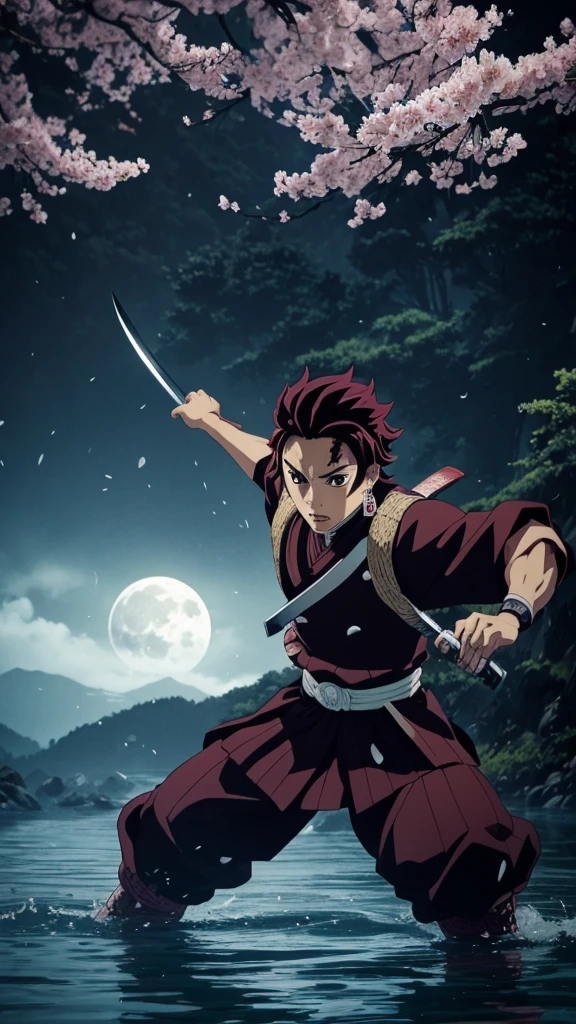 "Create a highly detailed image of Tanjiro Kamado from Demon Slayer in a traditional Japanese art style. He should be depicted in a dynamic action pose, mid-swing with his Nichirin Blade, performing a Water Breathing technique. The background should include a night scene with a full moon, misty forest, and traditional Japanese elements like torii gates and cherry blossoms. Tanjiro's expression should be fierce and determined, showcasing his intense focus and resolve. His Demon Slayer uniform and signature hanafuda earrings should be clearly visible, with intricate detailing on his outfit and sword. The overall atmosphere should be dramatic and immersive, capturing the essence of the Demon Slayer series."