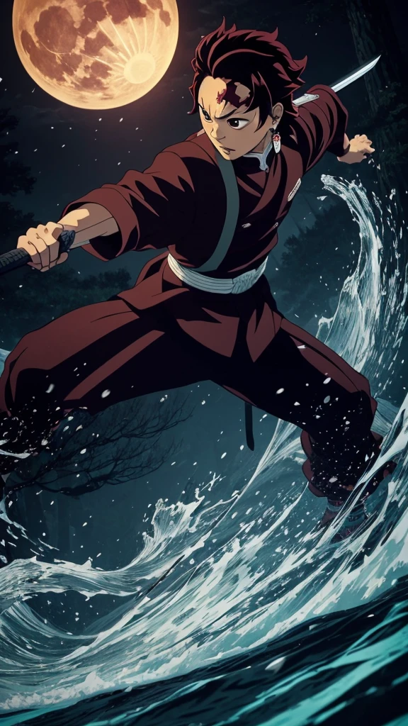 "Create a highly detailed image of Tanjiro Kamado from Demon Slayer in a traditional Japanese art style. He should be depicted in a dynamic action pose, mid-swing with his Nichirin Blade, performing a Water Breathing technique. The background should include a night scene with a full moon, misty forest, and traditional Japanese elements like torii gates and cherry blossoms. Tanjiro's expression should be fierce and determined, showcasing his intense focus and resolve. His Demon Slayer uniform and signature hanafuda earrings should be clearly visible, with intricate detailing on his outfit and sword. The overall atmosphere should be dramatic and immersive, capturing the essence of the Demon Slayer series."