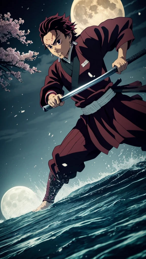 "Create a highly detailed image of Tanjiro Kamado from Demon Slayer in a traditional Japanese art style. He should be depicted in a dynamic action pose, mid-swing with his Nichirin Blade, performing a Water Breathing technique. The background should include a night scene with a full moon, misty forest, and traditional Japanese elements like torii gates and cherry blossoms. Tanjiro's expression should be fierce and determined, showcasing his intense focus and resolve. His Demon Slayer uniform and signature hanafuda earrings should be clearly visible, with intricate detailing on his outfit and sword. The overall atmosphere should be dramatic and immersive, capturing the essence of the Demon Slayer series."