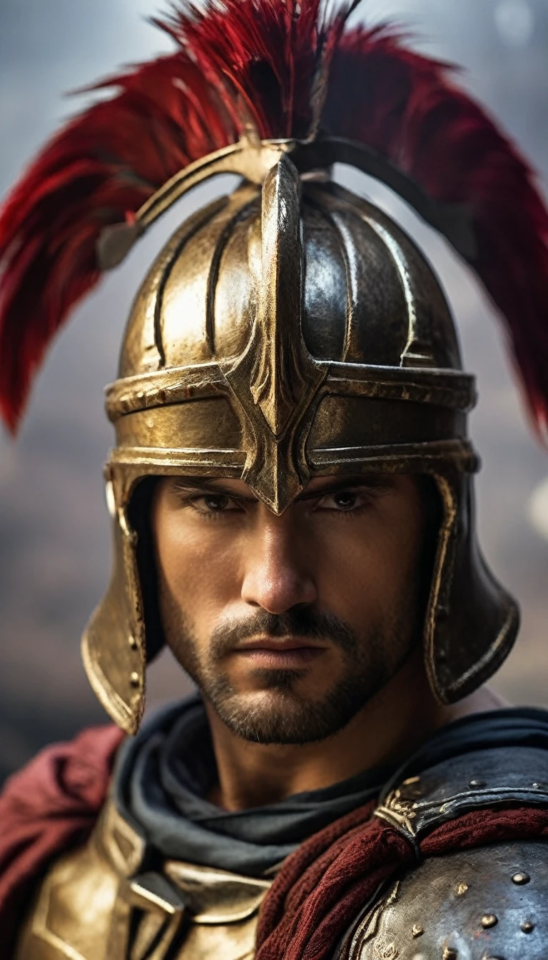 Show a Spartan warrior in a moment of quiet reflection, with his helmet off and a serene look on his face, Spartan battle atmosphere background, hyper realistic, ultra detailed hyper realistic, photorealistic, Studio Lighting, wearing a gold crown, reflections, dynamic pose, Cinematic, Color Grading, Photography, Shot on 50mm lens, Ultra-Wide Angle, Depth of Field, hyper-detailed, beautifully color, 8k