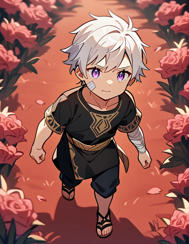 Маленький греческий мальчик с белыми волосами, фиолетовые глаза, в черной греческой рубашке и старинных сандалиях., с повязками на щеке и руке, прогулка по саду с красной травой, украшенному розами и мрамором