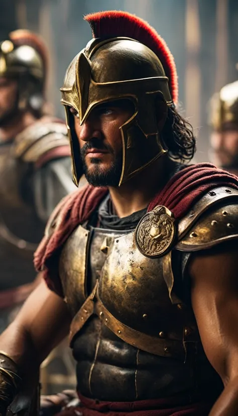 Show a Spartan warrior in a moment of quiet reflection, with his helmet off and a serene look on his face, battle atmosphere bac...