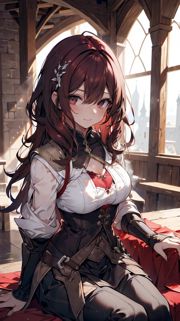 Masterpiece,1 girl, sparrow, dark red haired girl, Wear medieval clothing, Medium curly hair, messy hair, black skirt, Slim shape, Medium bust, She closed her left eye., shirt accessories, smilingly, seductive expression, beautiful breasts, rounded chest, Crimson eyes, set, short skirt, Sitting in a medieval tavern, Ahoge, seductive smile, breast armor, 