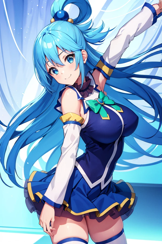 (masterpiece:1.3), (best quality:1.1), (8k, ultra detailed, ultra high res:1.2), ((anime style)), perfect 5 fingers, perfect anatomy, 
1girl,
Aqua \(konosuba\),
long hair, single hair ring, 
blue hair, 
(blue eyes:1.2), (beatiful detailed eyes:1.2), smile, dynamic pose, 
green bow, 
medium breasts, 
BREAK blue shirt, blue skirt, white thighhighs, bare shoulders, detached sleeves, zettai ryouiki, 
looking at viewer, 
cowboy shot, 
standing, 
natural light, 