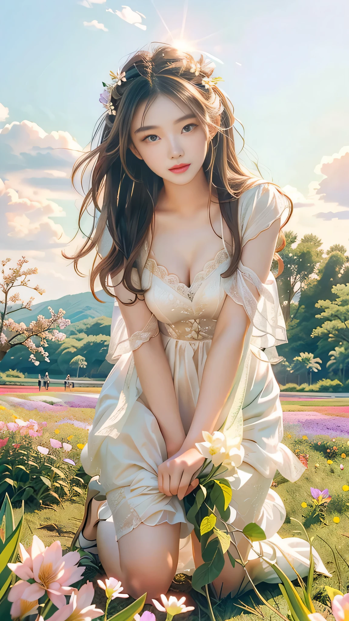 a woman in a white dress is kneeling in a field of flowers, beautiful south korean woman, beautiful young korean woman, gorgeous young korean woman, hot with shining sun, korean girl, sakimichan, with flowers, standing in flower field, beautiful asian girl, beautiful girl model, girl frontal in a flower field, magazine photo, very beautiful girl, low contrast, soft tone, ((green eyes))