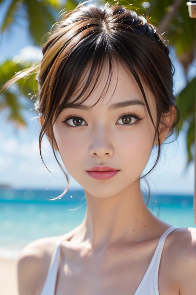 ((Highest quality)),((8K、32k)),(Genuine)、(detailed)、(Beach)、((Bust up shot))、((face closeup))、(White skin)、(Big Breasts)、Golden ratio of face to shoulder width、Micro Bikini、Shiny Hair、Short Hair、Glowing Skin、Japanese、beauty、Looking into the camera、Thick lips、cute、Hehehe:1.2、Shot with a film camera、RAW shooting、#24、Genuine、フォトGenuine:1.4、Photon Mapping、Physically Based Rendering、Perfect Anatomy、detailedなデコルテ、detailedな目、detailedな二重、detailedな咬筋、detailedな鎖骨、Perfect Fingers、Finger Description、(品質 8K)、((White skin))、Avoid mascara、Hair with movement、detailedな毛穴、Natural light、detailedな描写、Blushing、Fine pores、Perfect cleavage、masterpiece、Blushing、Hair with movement、detailedな腹筋、Sparkling、sexy、detailedな脇の下、(slender)、(Upper Body)、detailedな目元、