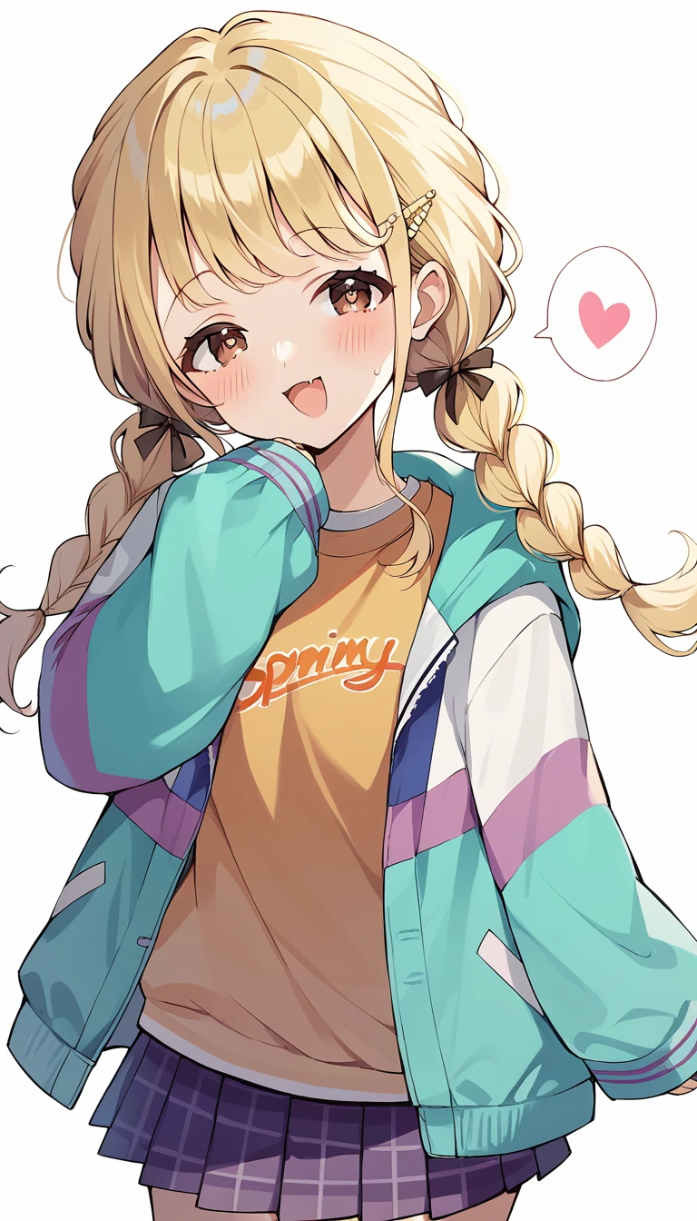 score_9, score_8_up, score_7_up, source_anime, rating_safe, kotone-default,fujita kotone,brown eyes, blonde hair,twin braids,hair ornament,(white hairclip:0.8), multicolored hoodie,sleeves past wrists,orange shirt,pleated skirt,plaid skirt, (heart eyes),(heart in eyes),spoken heart,open mouth,dutch angle,small breast ,blush,beautiful face,beautiful eyes,details eyes,white background 