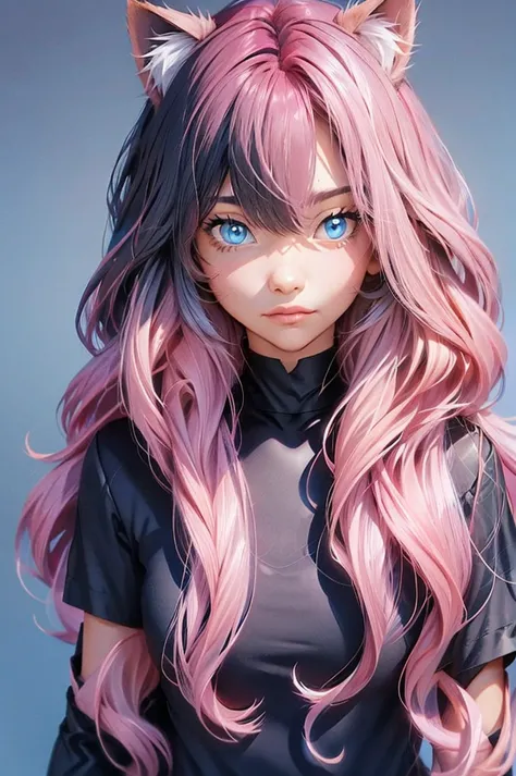 two toned hair, pink hair, black hair, cat girls, blue eyes, long wavy hair,, cat girl, blue eyes, armor