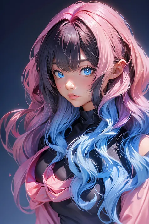 two toned hair, pink hair, black hair, cat girls, blue eyes, long wavy hair,, cat girl, blue eyes, armor