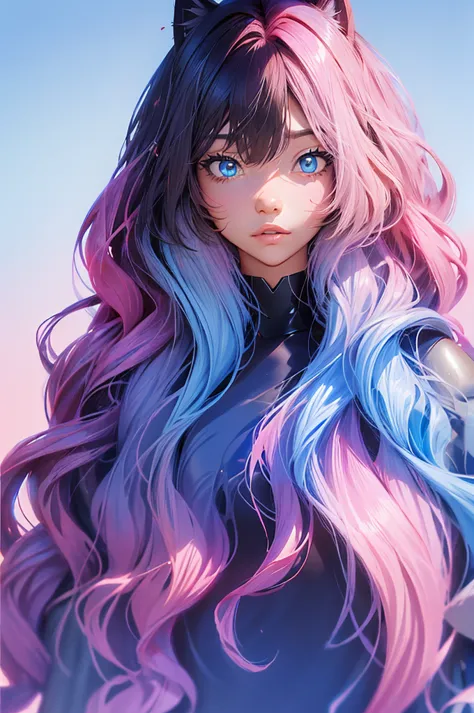 two toned hair, pink hair, black hair, cat girls, blue eyes, long wavy hair,, cat girl, blue eyes, armor