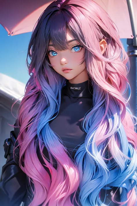 two toned hair, pink hair, black hair, cat girls, blue eyes, long wavy hair,, cat girl, blue eyes, armor