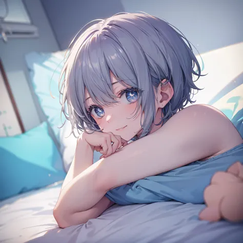 ((((Lie down on the bed))))　(((Gray Hair　short hair　blue eyes　woman)))，((sunlight))，(smile)，　Showing teeth　Shining Background　Sh...