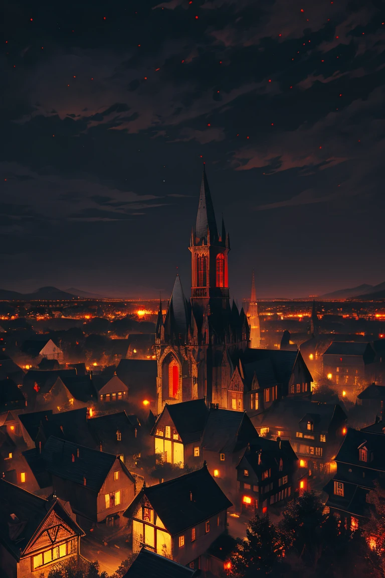 old European village shot with bird view, (Red glowing eyes), masterpiece, Depth of written boundary, Lutz, Gwaites style artwork, Gothic aesthetics, Dark Vampire village, ((in the dark gothic style cathle:1)), ((dark mid-night time:1.5)),