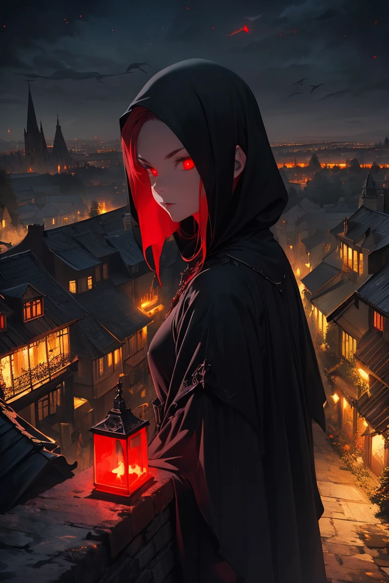 old European village shot with bird view, (Red glowing eyes), masterpiece, Depth of written boundary, Lutz, Gwaites style artwork, Gothic aesthetics, Dark Vampire village, ((in the dark gothic style cathle:1)), ((dark mid-night time:1.5)),