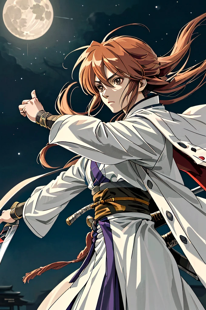 Highest quality，High resolution，((chee々Yushin_Rurouni Kenshin)) ，One person，（knife），（white_coat），bandage，mummy，male，One personで，Middle Age，（Rurouni Kenshin），strongest，Anime Style，（Night Sky_background），(Limbs)，(Full Finger)，(Accurate fingertips), (The finer details), (Super detailed)，4K，(high resolution)，whole body, (Front angle), Looking at the camera,masterpiece，(Subtle details)，(Intricate details)，Octane Rendering，(Hyper Detail)，