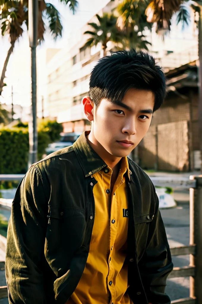 A young Asian man with large muscles looks at the camera. In a dark yellow button-up shirt. , measure , Normal sunlight