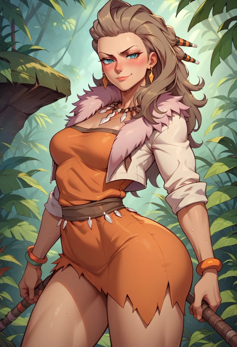 score_9, score_8_up, score_7_up, score_6_up, BREAK professor Sada, source_anime,seductive smirk, wearing Nidalee Outfit, NSFW, medium breasts, wide hips, big ass, sweating, blushing, in a jungle, front shot, holding a spear, looking at viewer