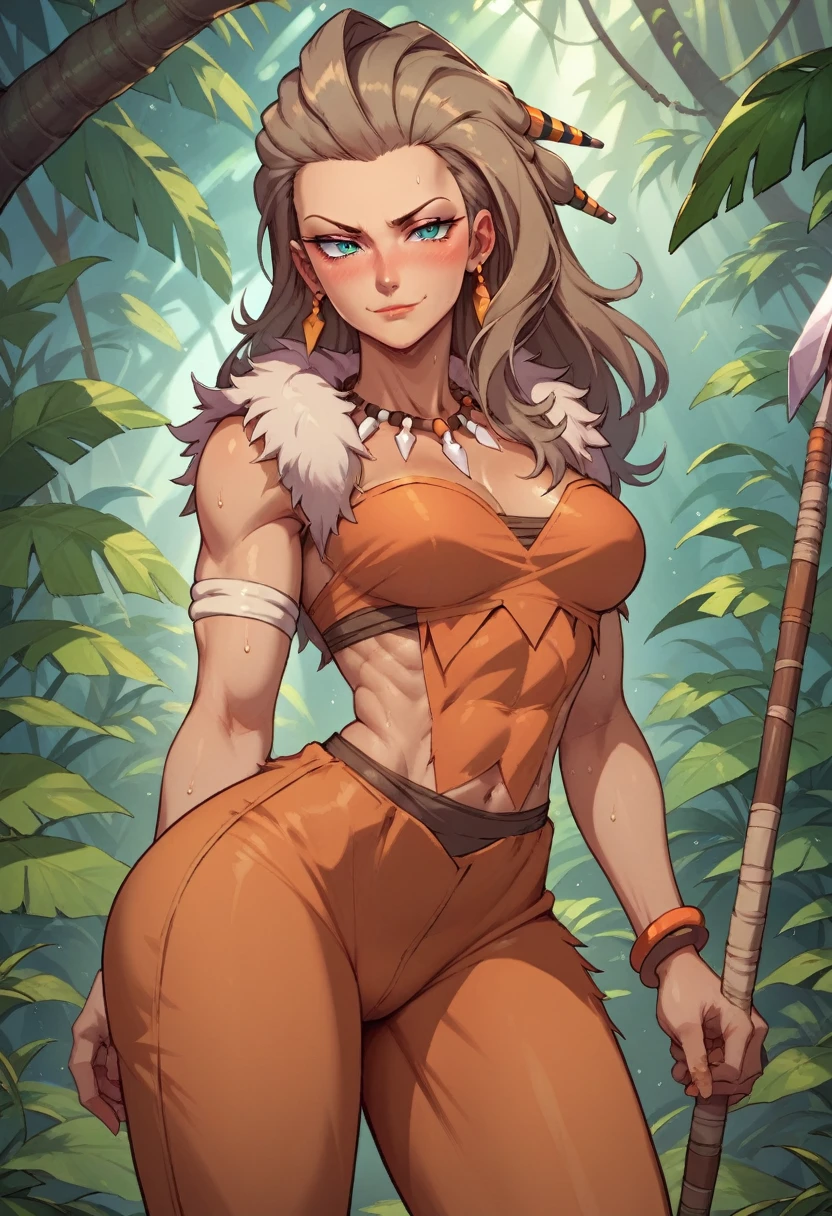 score_9, score_8_up, score_7_up, score_6_up, BREAK professor Sada, source_anime,seductive smirk, wearing Nidalee Outfit, NSFW, medium breasts, wide hips, big ass, sweating, blushing, in a jungle, front shot, holding a spear, looking at viewer