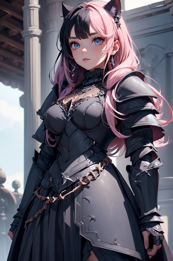 {{{official art}}}, {{solo}}, {Adult}hair strand}, {{medium breasts}}, {cleavage}, {hair ornament}, necklace, earrings, two toned hair, pink hair (top half), black hair (bottom half) , cat girls, knights armors  cat girl, blue eyes, armor (sexy body),((Detailed dark fantasy armor dress:1.5)),((intricate detailes,detailed dress)), (Beautiful dress in every detail),