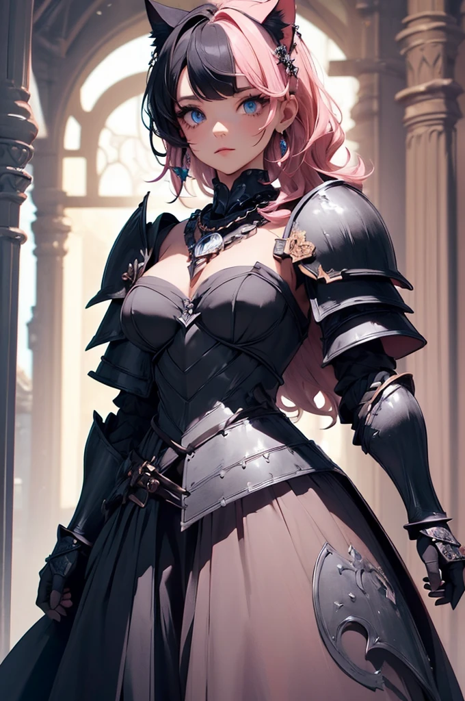 {{{official art}}}, {{solo}}, {Adult}hair strand}, {{medium breasts}}, {cleavage}, {hair ornament}, necklace, earrings, two toned hair, pink hair (top half), black hair (bottom half) , cat girls, knights armors  cat girl, blue eyes, armor (sexy body),((Detailed dark fantasy armor dress:1.5)),((intricate detailes,detailed dress)), (Beautiful dress in every detail),