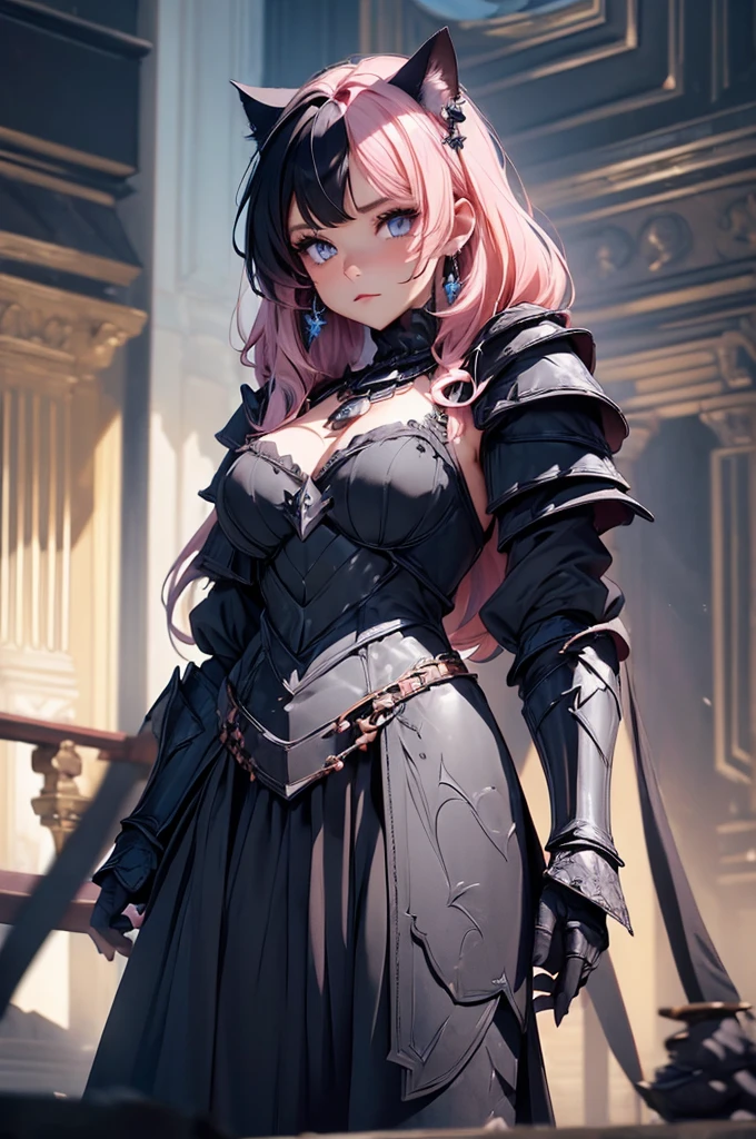 {{{official art}}}, {{solo}}, {Adult}hair strand}, {{medium breasts}}, {cleavage}, {hair ornament}, necklace, earrings, two toned hair, pink hair (top half), black hair (bottom half) , cat girls, knights armors  cat girl, blue eyes, armor (sexy body),((Detailed dark fantasy armor dress:1.5)),((intricate detailes,detailed dress)), (Beautiful dress in every detail),