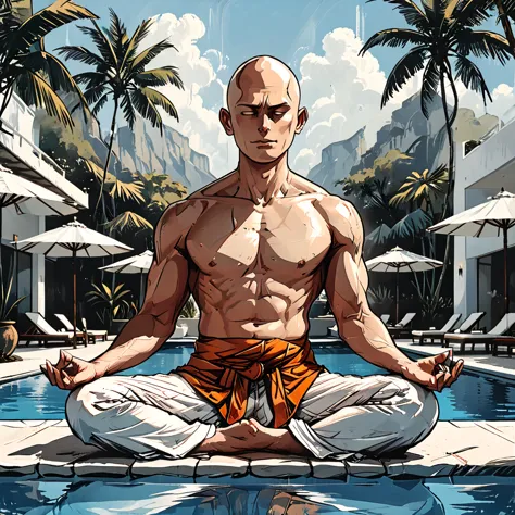 blind buddhist monk sitting in lotus position next to the pool at the white hotel, tropical, palm, white hotel, pool, round face...