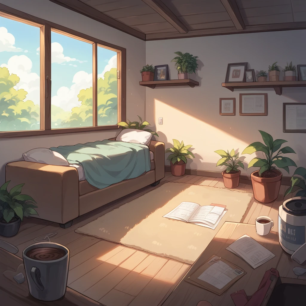 {
  "prompt": "A cozy room with a modern air conditioner mounted on the wall, emitting cool air. The room features a comfortable sofa, a coffee table, and a soft rug. The windows have slight condensation, indicating the cool temperature inside. There are
