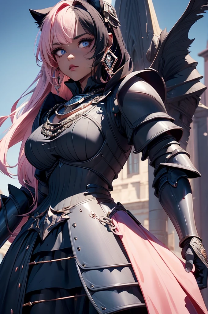 {{{official art}}}, {{solo}}, {Adult}hair strand}, {{medium breasts}}, {cleavage}, {hair ornament}, necklace, earrings, two toned hair, pink hair, black hair, cat girls, knights armors  cat girl, blue eyes, armor (sexy body),((Detailed dark fantasy armor dress:1.5)),((intricate detailes,detailed dress)), (Beautiful dress in every detail), Great sword