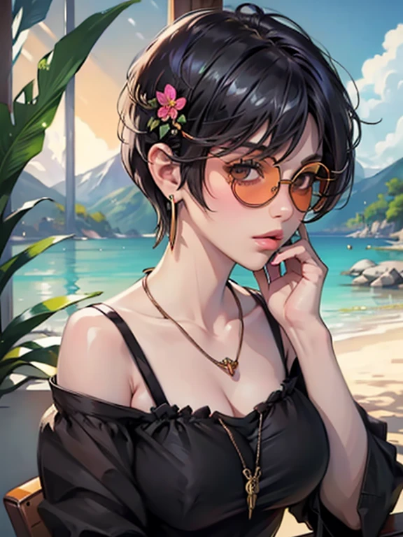 (masterpiece:1.2), Highest quality,sexy,Big Breasts, alone, Colored glasses, jewelry, hair ornaments, View your viewers,One girl, short hair,Earrings, flower, Colored glasses, sunglasses, necklace, bangs, Black Hair、 Round Glasses, Earrings