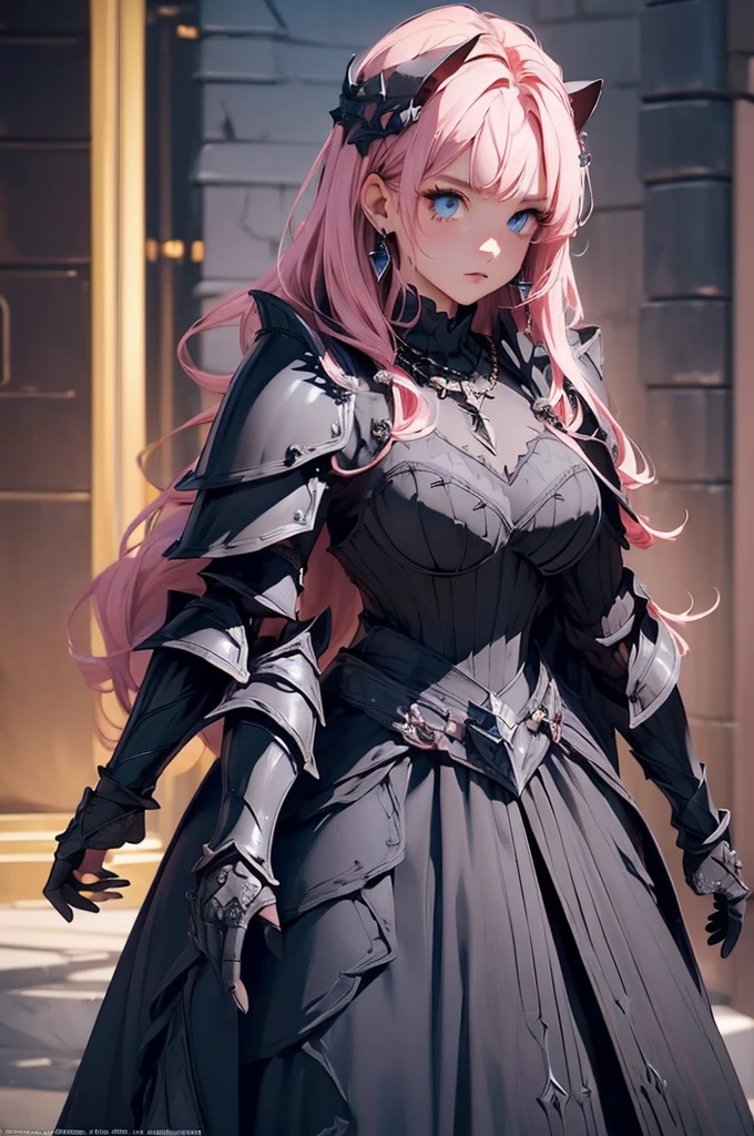 {{{official art}}}, {{solo}}, {Adult}hair strand}, {{medium breasts}}, {cleavage}, {hair ornament}, necklace, earrings, two toned hair, pink hair (top half), black hair (bottom half) , cat girls, knights armors  cat girl, blue eyes, armor (sexy body),((Detailed dark fantasy armor dress:1.5)),((intricate detailes,detailed dress)), (Beautiful dress in every detail), great sword one back