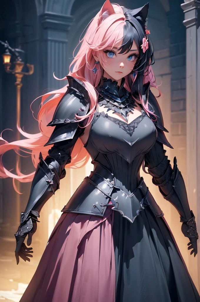 {{{official art}}}, {{solo}}, {Adult}hair strand}, {{medium breasts}}, {cleavage}, {hair ornament}, necklace, earrings, two toned hair, pink hair (top half), black hair (bottom half) , cat girls, knights armors  cat girl, blue eyes, armor (sexy body),((Detailed dark fantasy armor dress:1.5)),((intricate detailes,detailed dress)), (Beautiful dress in every detail), great sword one back