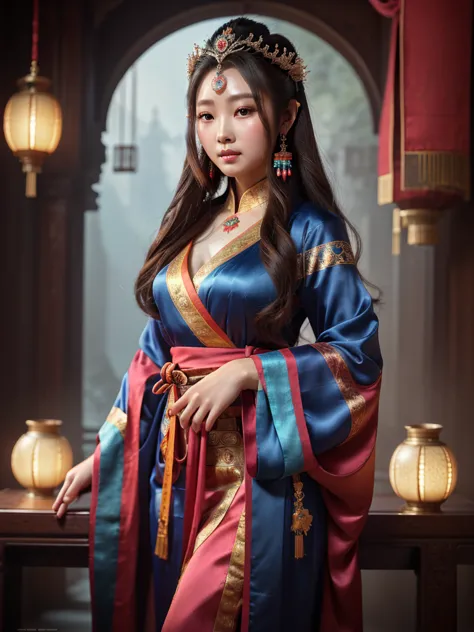 1girl in a red long dress with flowing hair, a beautiful fantasy empress, spuer beauty,inspired by lan ying, full body xianxia, ...