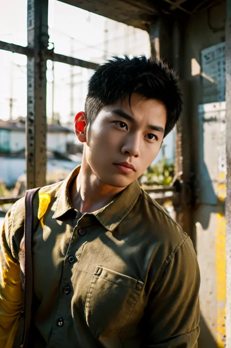 a young asian man with large muscles looks at the camera. in a dark yellow button-up shirt. , measure , normal sunlight