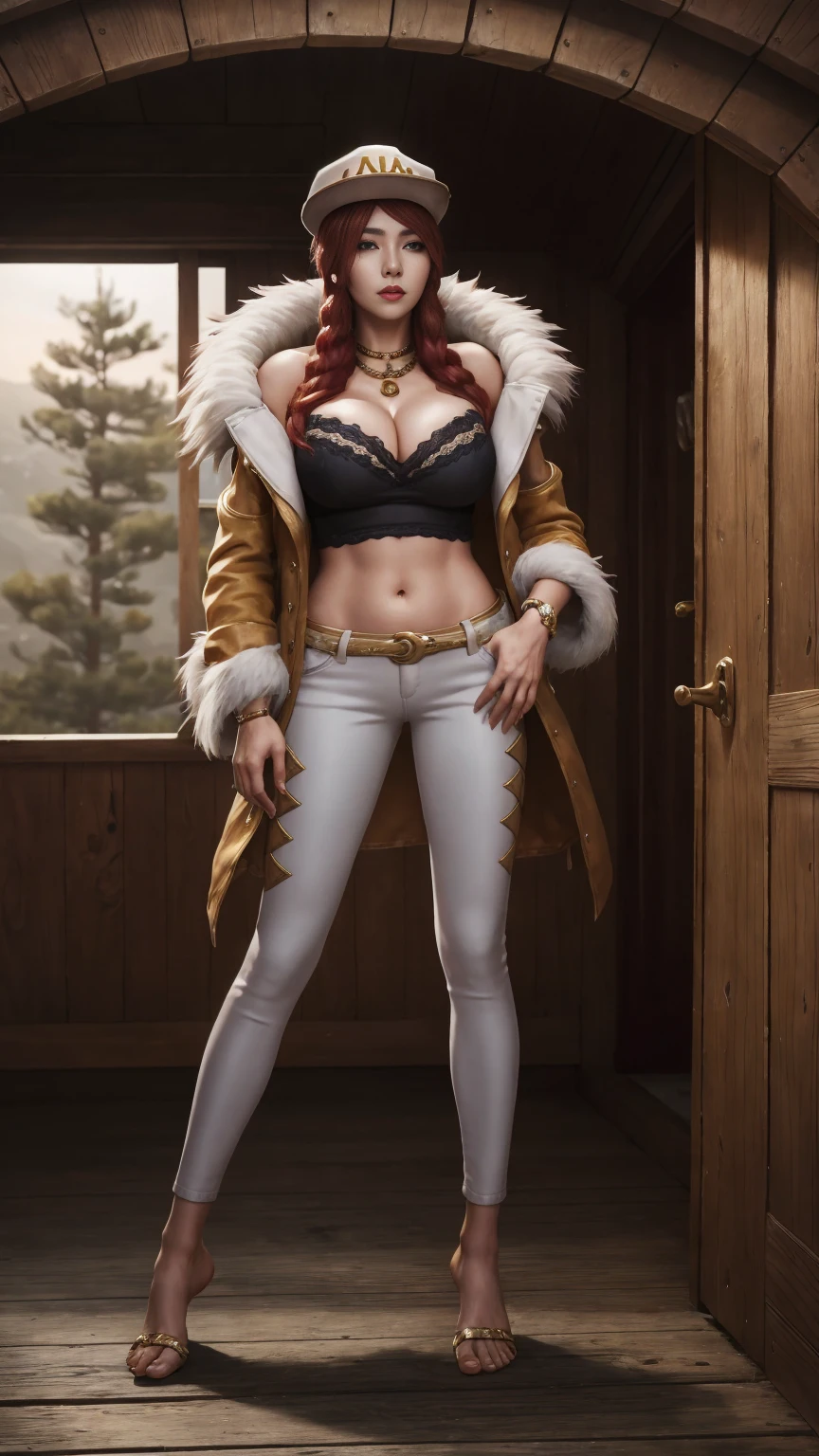 ((Full-length photo, standing, feet on the ground)) AKali KGIVES prestígio, 1 girl, standing alone, long hair, breastsout, gazing at viewer, jewerly, medium breastsout, Red hair, necklase, hair over one eye, lips, make up, White hat, trunk, epic light, top cut, Fur trim, jaket, theater, standing, whitegloves, White pants, calças apertaGIVESs, K/GIVES (League of Legends), Off The Shoulder,  parted lips, hypdertailed,