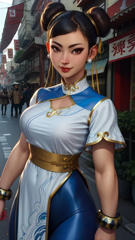 chun li usando un babdoll, double bun,  black hair, brown eyes,  
chinese clothes, spiked bracelet, bun cover, earrings , 
stand...