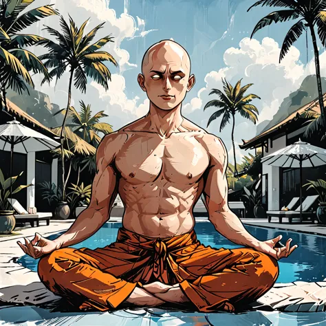 blind buddhist monk sitting in lotus position next to the pool at the white hotel, tropical, palm, white hotel, pool, round face...