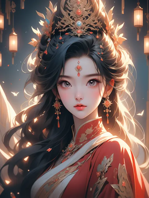 1girl in a red long dress with flowing hair, a beautiful fantasy empress, spuer beauty,inspired by lan ying, full body xianxia, ...