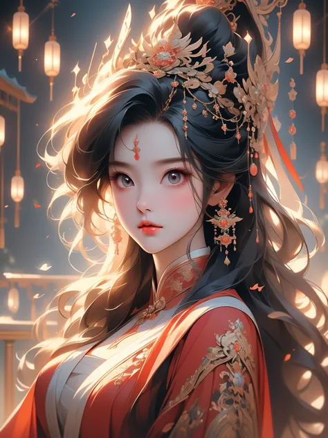 1girl in a red long dress with flowing hair, a beautiful fantasy empress, spuer beauty,inspired by lan ying, full body xianxia, ...