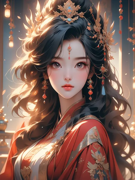 1girl in a red long dress with flowing hair, a beautiful fantasy empress, spuer beauty,inspired by lan ying, full body xianxia, ...